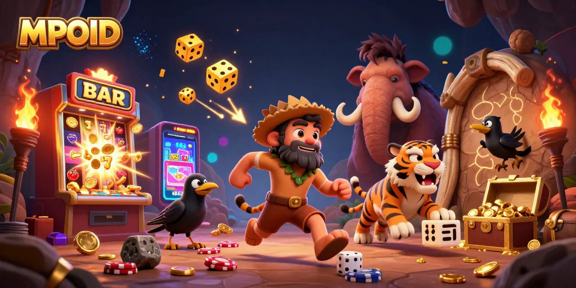 MPOID attracts players with a lively prehistoric casino scene featuring iconic gaming elements.