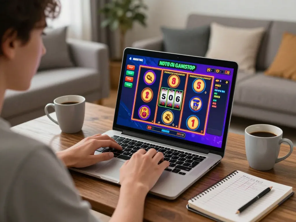 Enjoying slots not on Gamstop in a cozy home setting with vibrant screens and strategy notes.