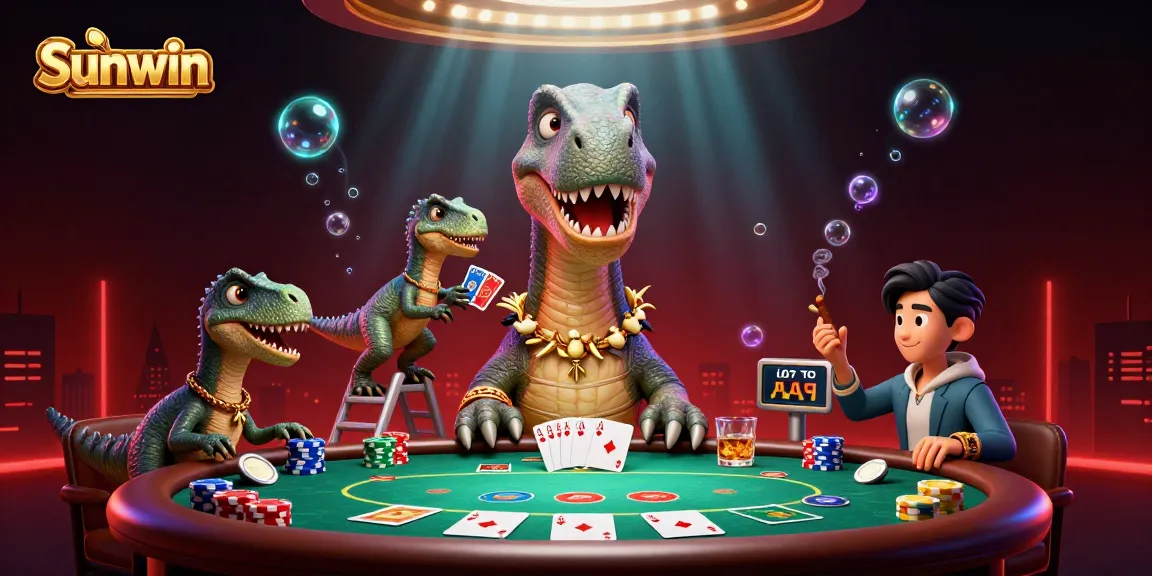 Experience the thrill of Sunwin with a unique 3D casino scene featuring cartoon dinosaurs playing poker.
