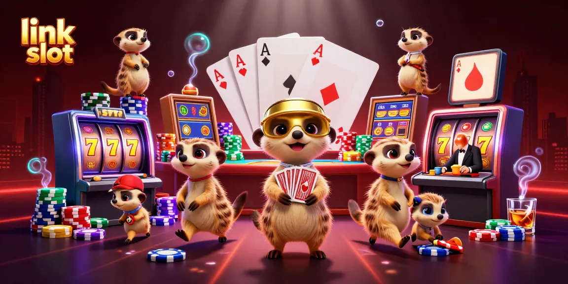 Experience thrilling gameplay with link slot amidst a vibrant casino scene featuring meerkats.