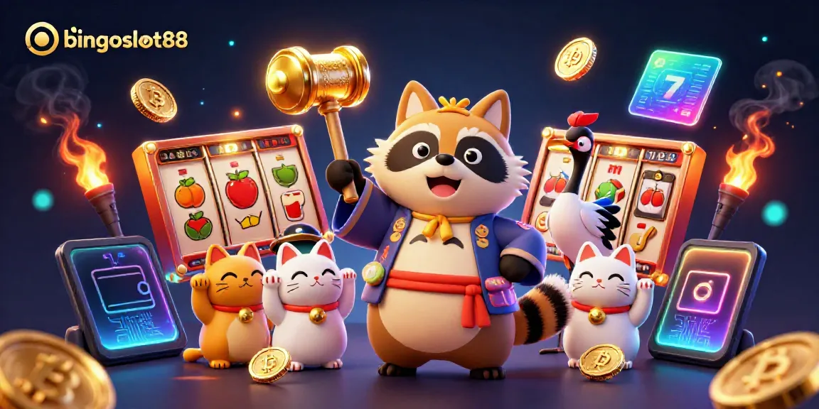 Menghadirkan suasana bermain di kasino dengan link bingoslot88, tanuki beruntung di tengah gulungan slot dan simbol jackpot.