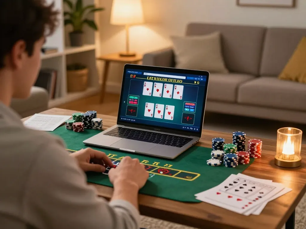 Vivu88 player strategizing blackjack bets at home amidst a cozy setup