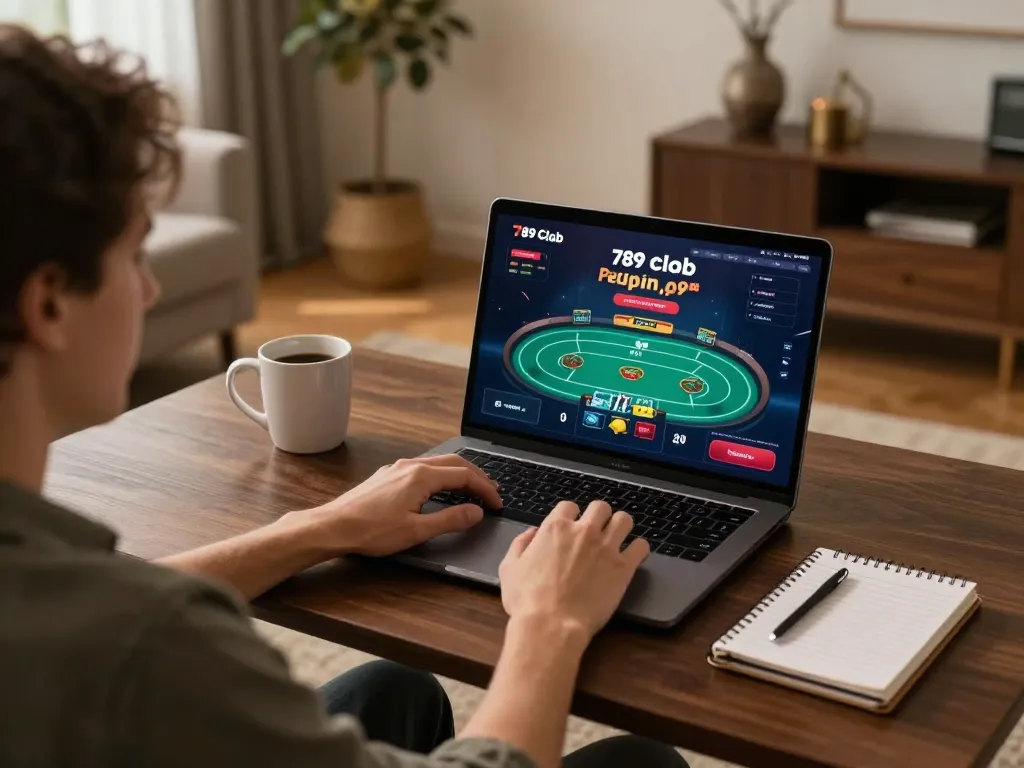 Playing poker on 789 club platform from a cozy home gaming setup.