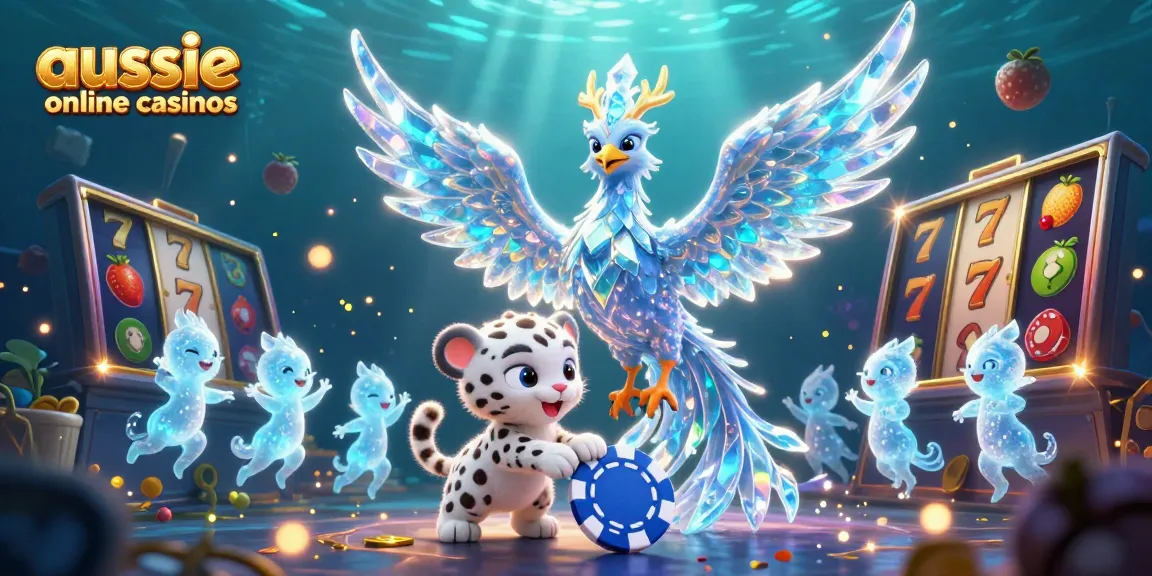 Play with exciting games at aussie online casinos featuring a vibrant 3D fantasy scene with unique characters.