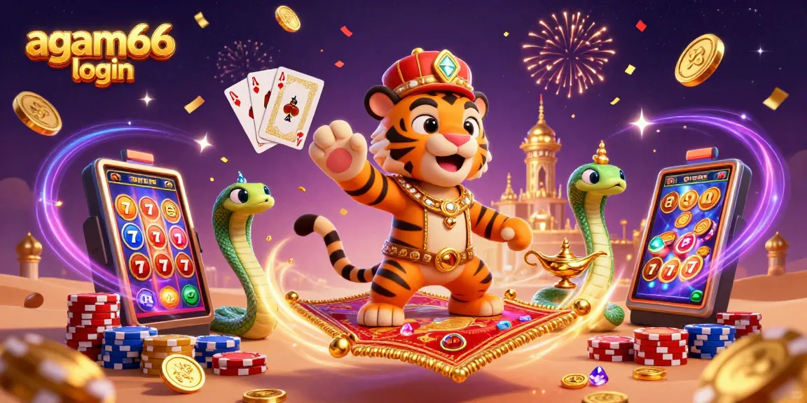 Win big with agam66 login, featuring a vibrant 3D illustration of a joyful tiger sultan and slot machines amidst dazzling riches.