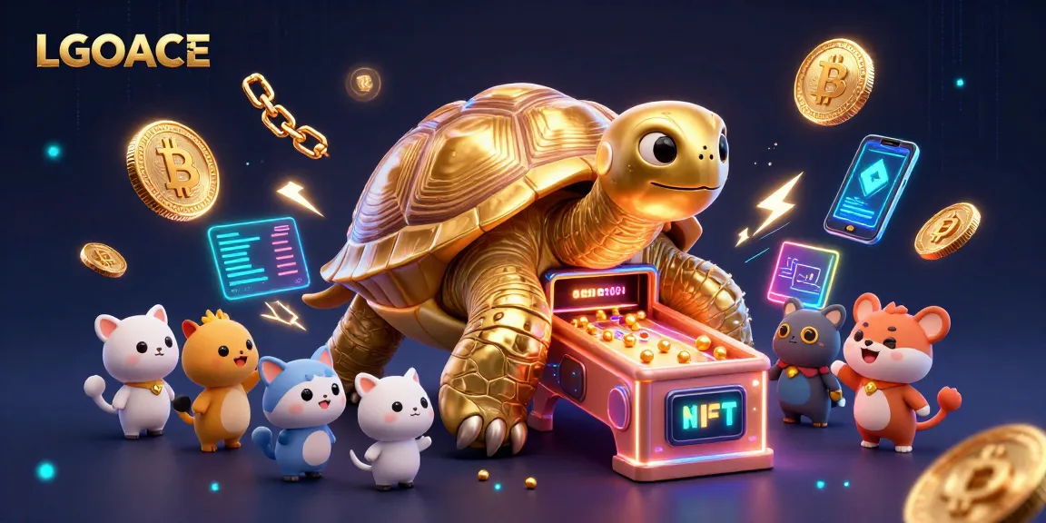 LGOACE engaging players with a colorful 3D tortoise pinball machine amid crypto coins and vibrant energy.