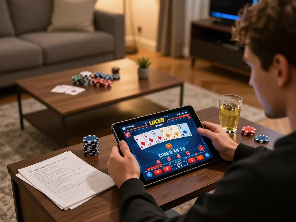 Playing LUCK8 online poker on a tablet with vibrant game graphics and strategic notes