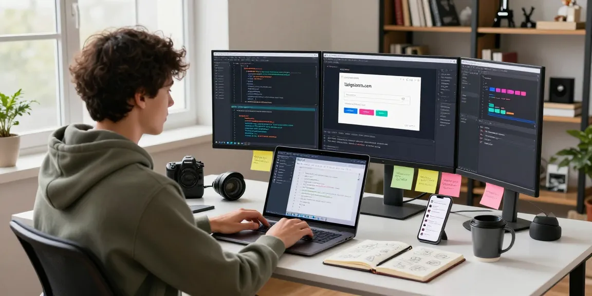 Developer using telegraimin.com on laptop in a modern workspace setting.