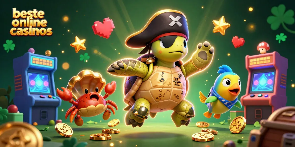 Engage with the beste online casinos in a vibrant 3D illustration showcasing lively casino elements and treasure.