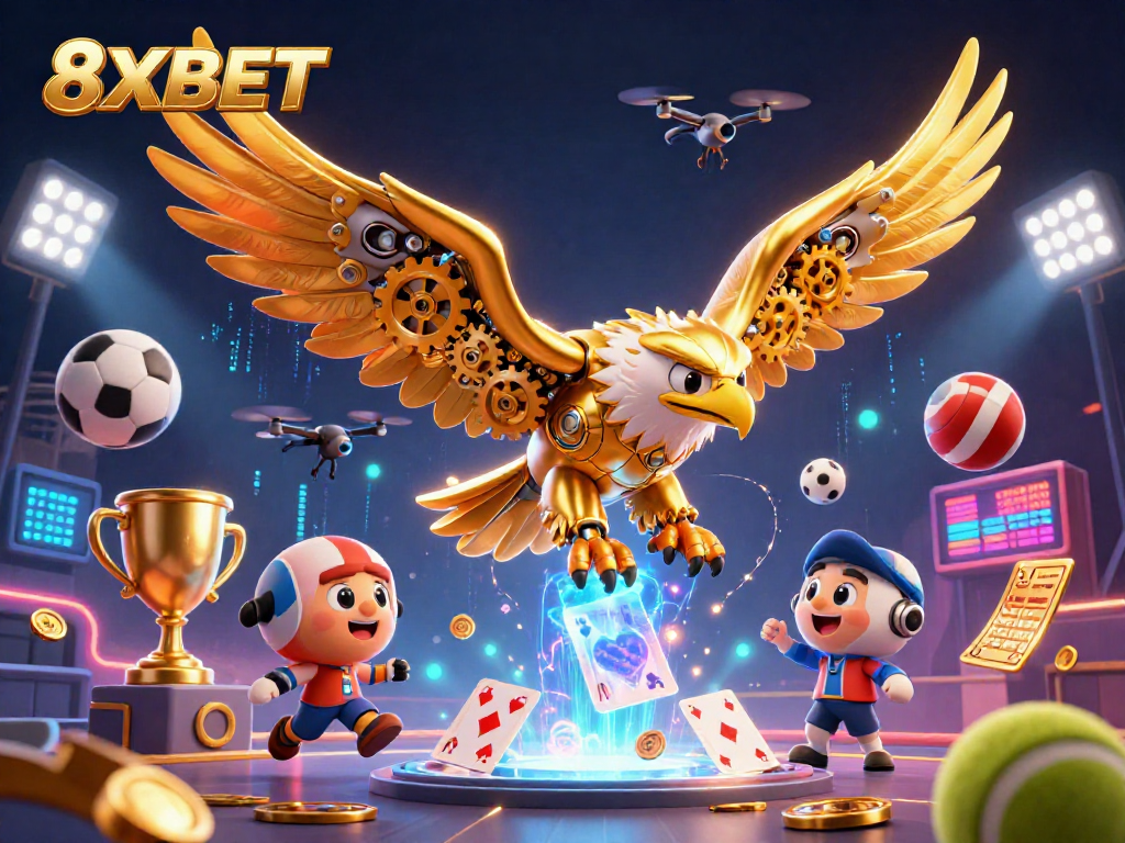 Experience thrilling gameplay with 8XBET as the golden eagle dives through vibrant holographic cards.