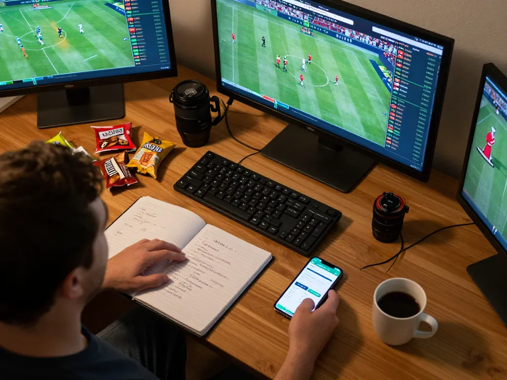 Person placing live sports bets via pintu888top on multiple screens, showcasing strategic planning and engagement in online gambling