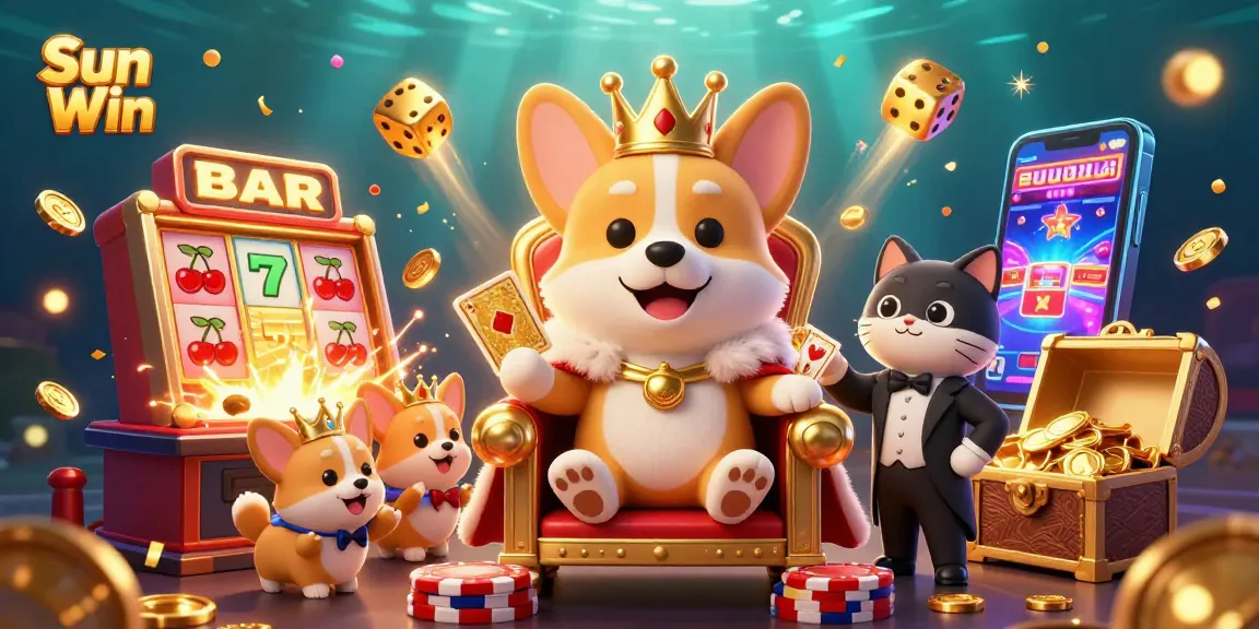 Experience the excitement of Sun Win with vibrant casino elements and a royal corgi theme.
