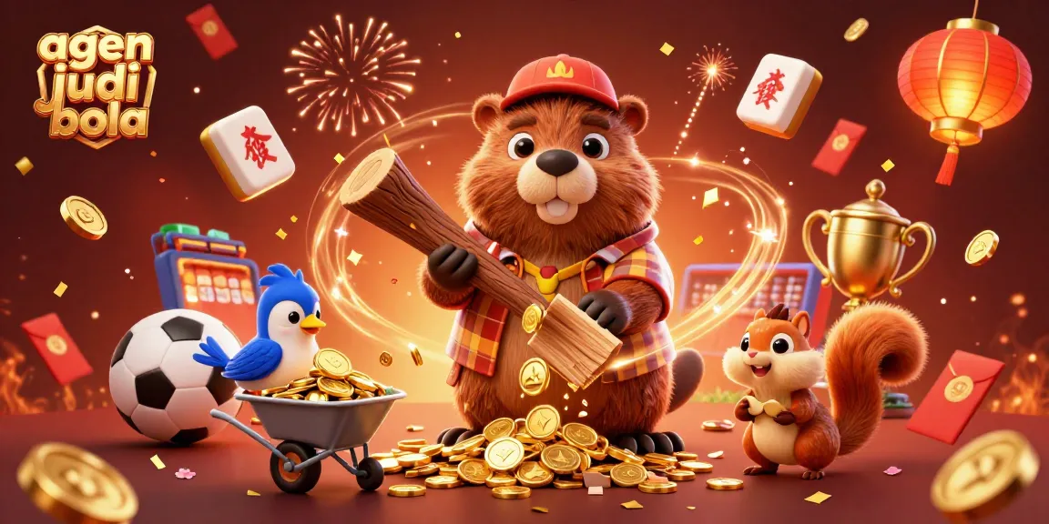 Bet on agen judi bola with festive celebration featuring cartoon beaver and sports elements.