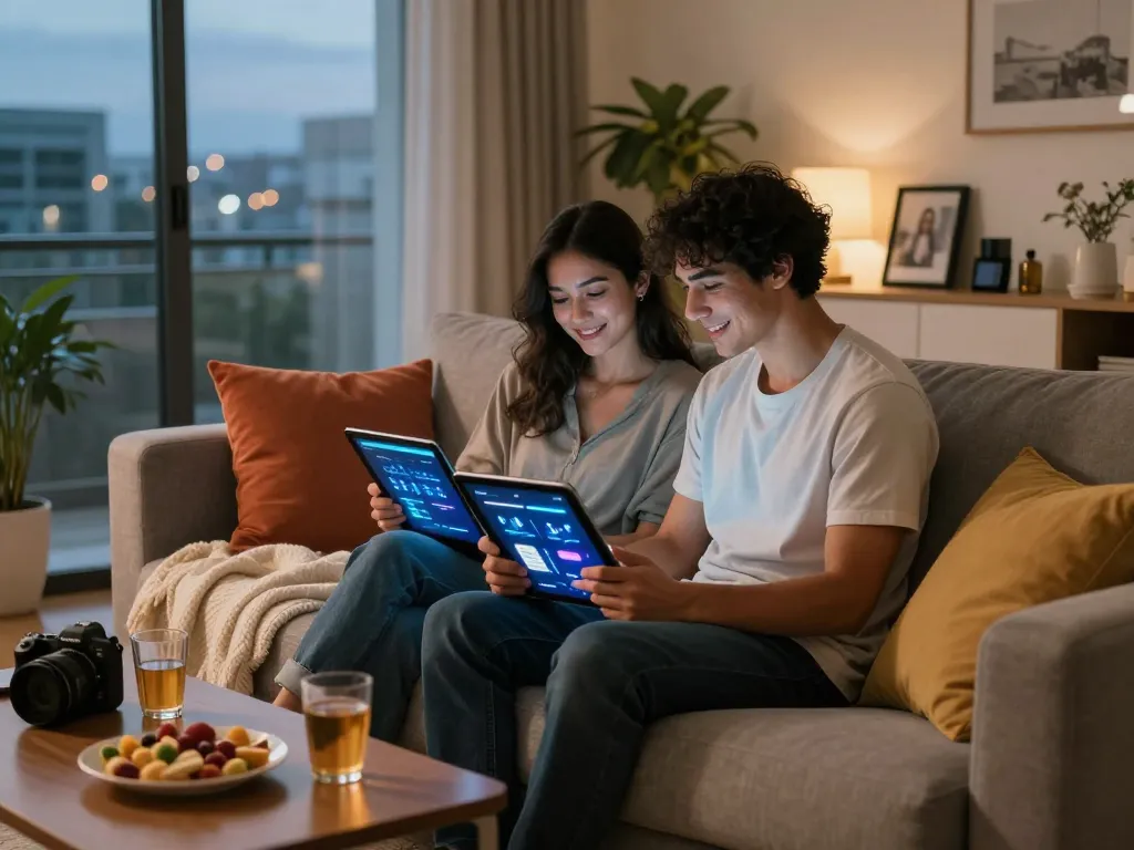 AI sex exploration with couple using relationship apps in cozy home setting.