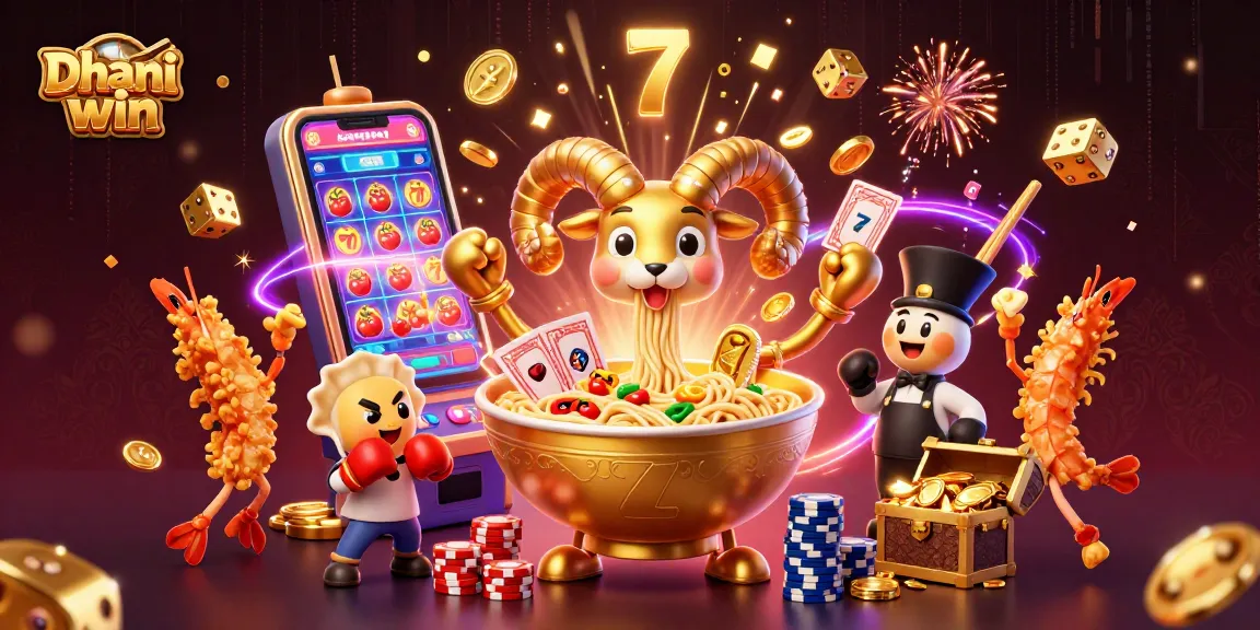 Dhani win offers dynamic gaming experiences with a vibrant cartoon illustration featuring unique characters and exciting casino elements.