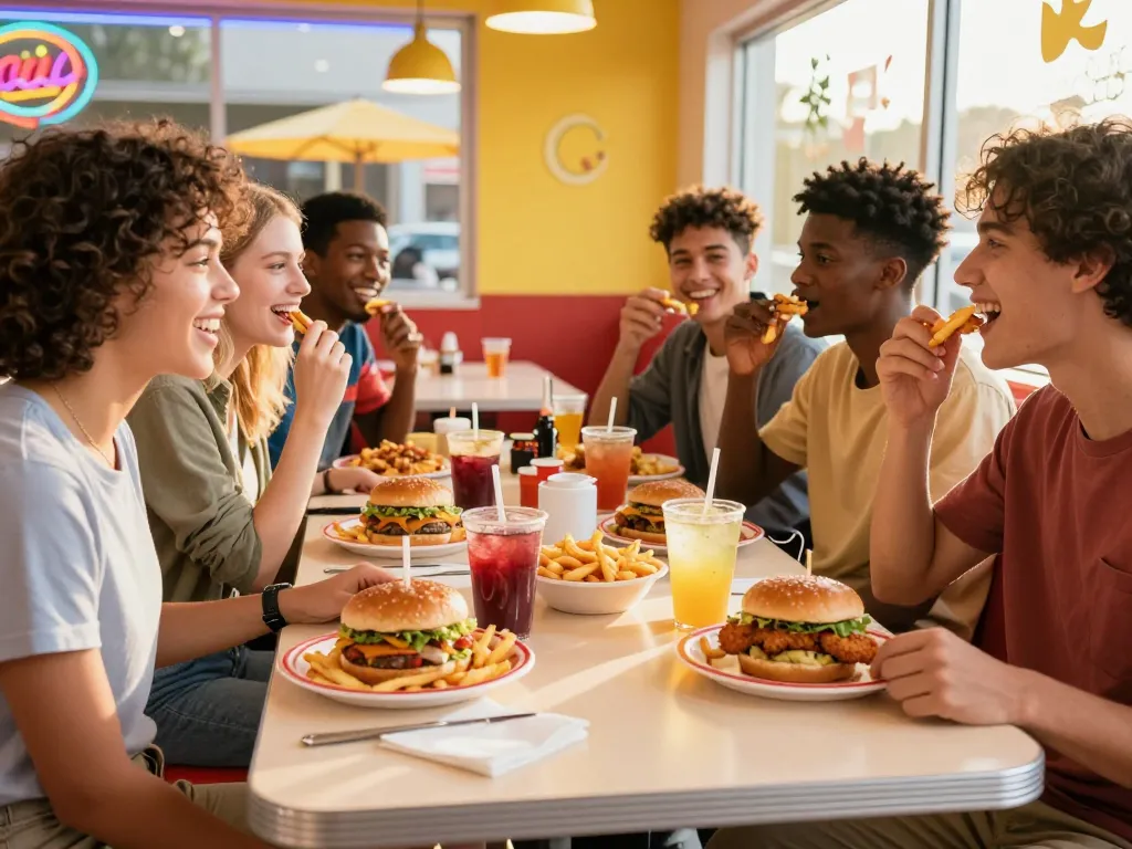 Fast food menu items like burgers and fries enjoyed by friends in a lively diner setting