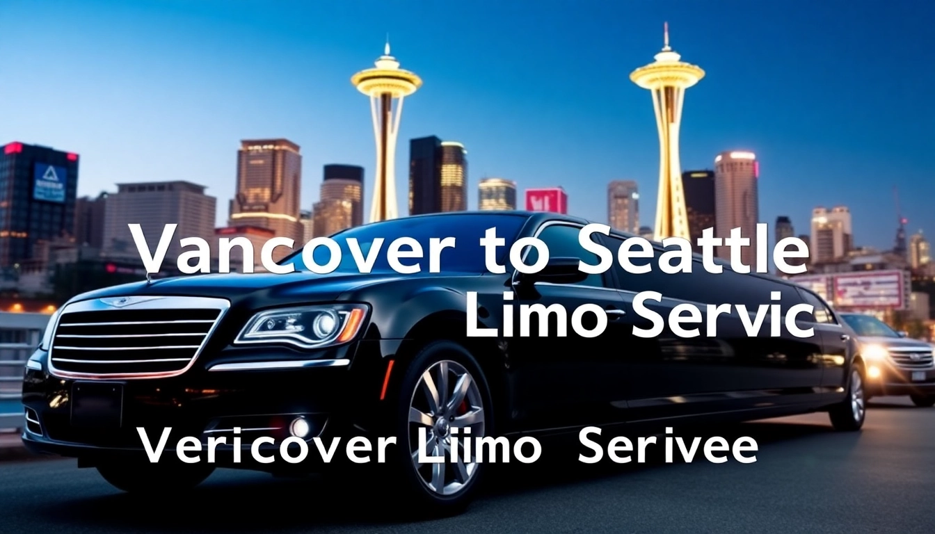 Experience luxurious Vancouver to Seattle limo service with a sleek vehicle against a vibrant city skyline.