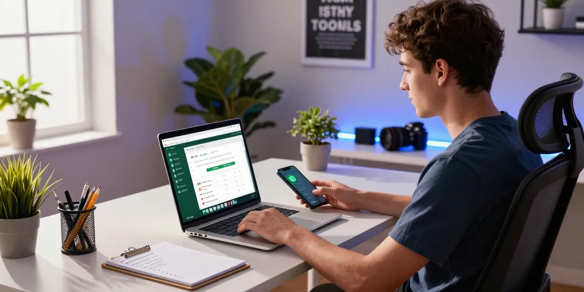 Professional using WhatsApp網頁版 on their laptop in a modern workspace, showcasing productivity and tech integration.