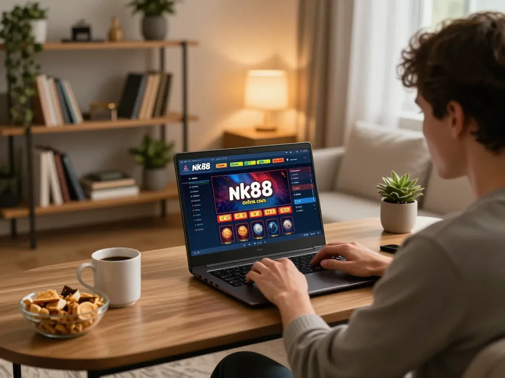 Engaging online gaming at nk88 com with a player focused on laptop in comfortable home setting.