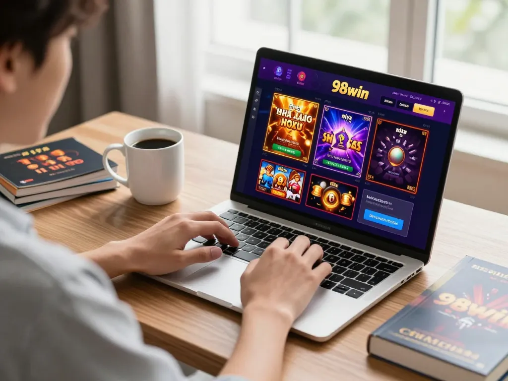 Playing exciting games at nhà cái 98win on a laptop in a cozy home setup.