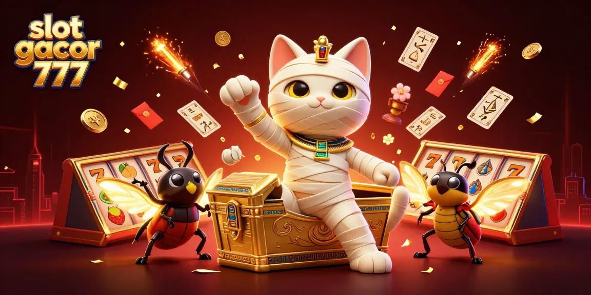Experience slot gacor 777 excitement with a vibrant 3D casino illustration of a mummy cat and glowing scarab.