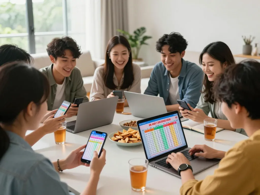 Friends excitedly checking HK Hari Ini lottery results during a lively gathering.