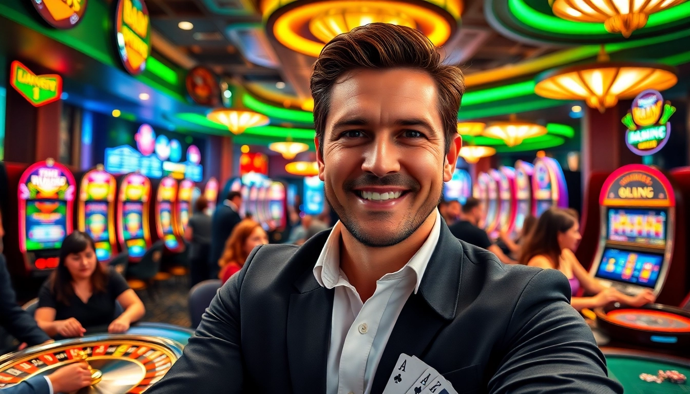 Vegas hero presenting winning moments in a lively casino atmosphere.