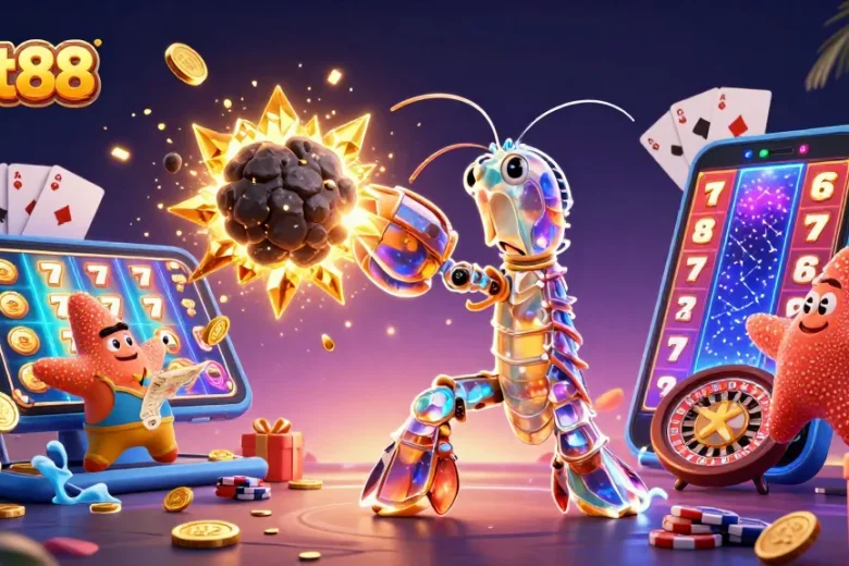 slot88 merayakan momen beruntung dengan karakter kasino yang penuh warna dan gemerlap koin