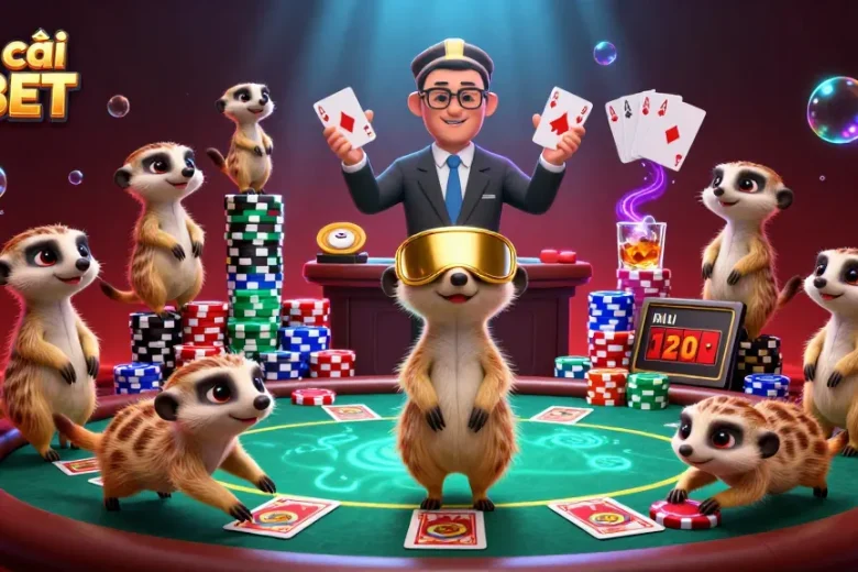 Experience thrilling gameplay at Nhà cái SHBET with vibrant 3D meerkat casino scene featuring action-packed elements.