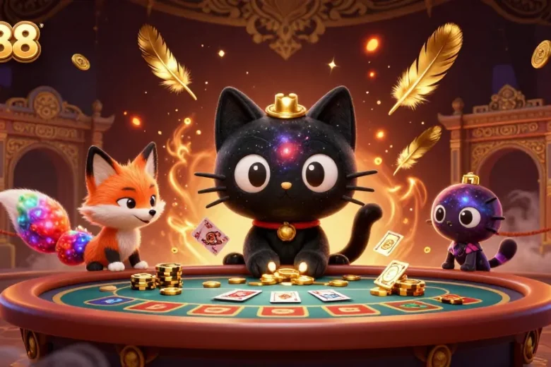Experience siu88's vibrant cosmic casino with a black hole cat drawing in golden chips.