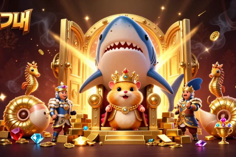 Engage inแทงบอล while enjoying a regal scene of a hamster king and treasure amidst a dynamic casino backdrop.