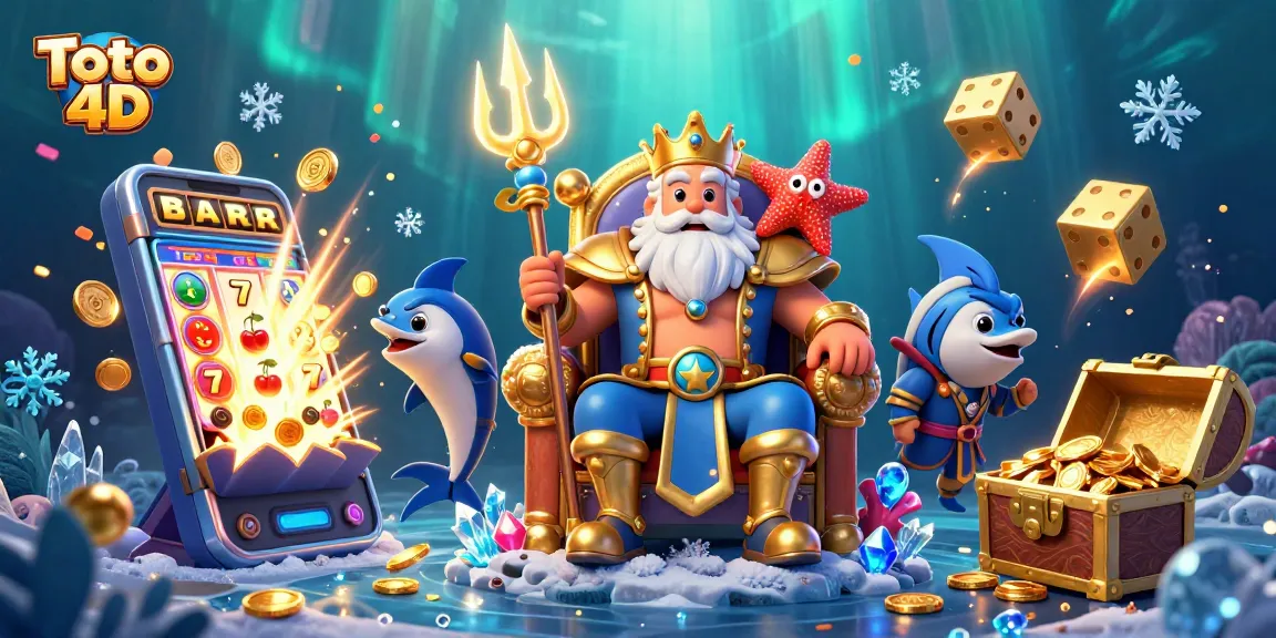 Win big with Toto 4D illustrated by Neptune and vibrant casino elements in a magical underwater scene.