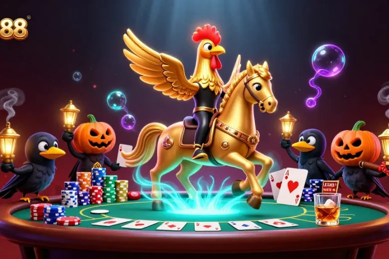 Experience thrilling action at red888 with a golden rooster and poker elements in a vibrant casino.