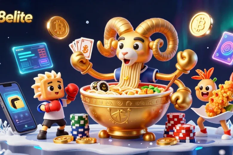 Experience excitement at go88elite with cartoon casino characters playing games amidst neon crypto elements.