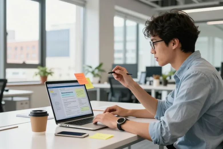 Young entrepreneur brainstorming startup ideas at a workspace to leverage insights from https://www.startsomethingpc.com for business growth.