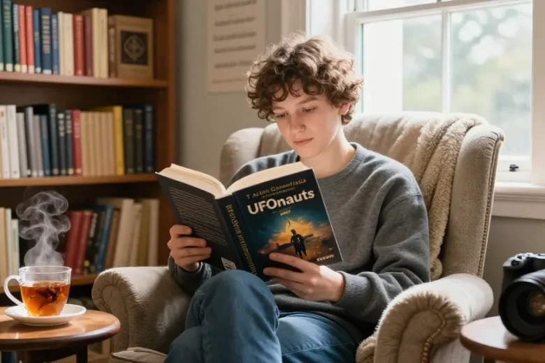 T Allen Greenfield's book "UFOnauts" read in a cozy library setting at https://tallengreenfield.com, showcasing spirituality and knowledge.