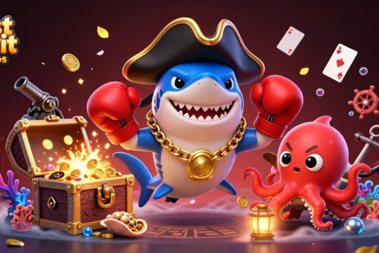 Experience the excitement of best payout casinos with a vibrant 3D illustration featuring a pirate shark and friends.