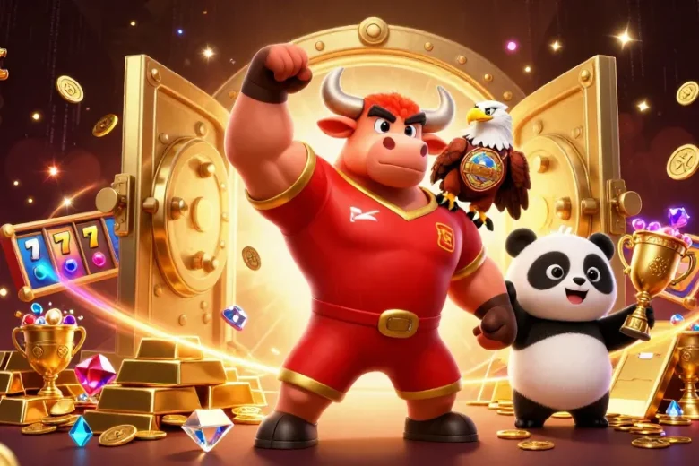 Engage with the vibrant world of link sunwin featuring bull mascot, eagle, and panda amidst treasures.