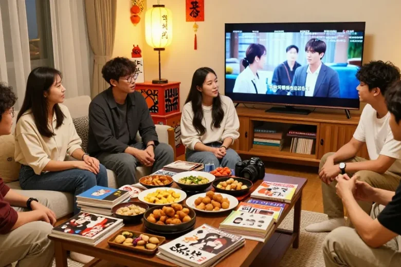 A lively cultural gathering at https://hanadultalk.com where friends discuss Asian entertainment while enjoying snacks and films.